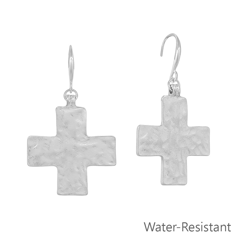 Water Resistant 1.5" Silver Hammered Cross Metal Earring