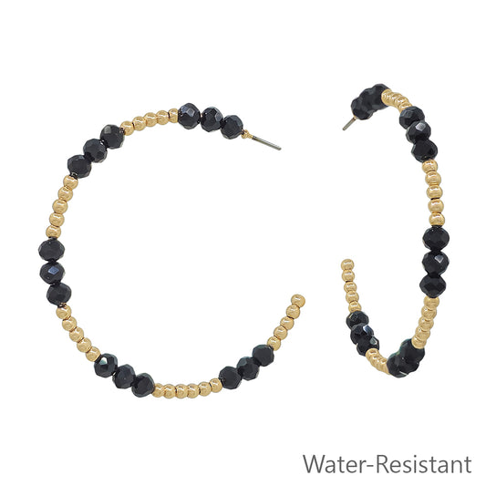 Water Resistant Gold Beaded with Black Crystals 2" Hoop Earring