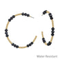Water Resistant Gold Beaded with Black Crystals 2" Hoop Earring