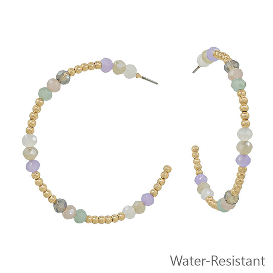 Water Resistant Gold Beaded with Light Multi Crystals 2" Hoop Earring