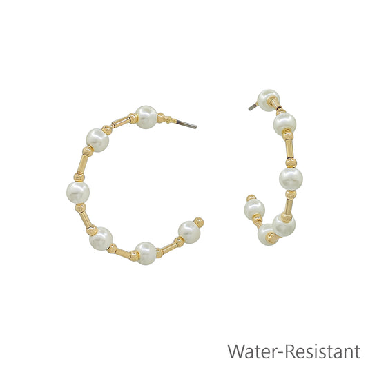 Water Resistant Gold Beaded with 4MM Pearl 1" Hoop Earring