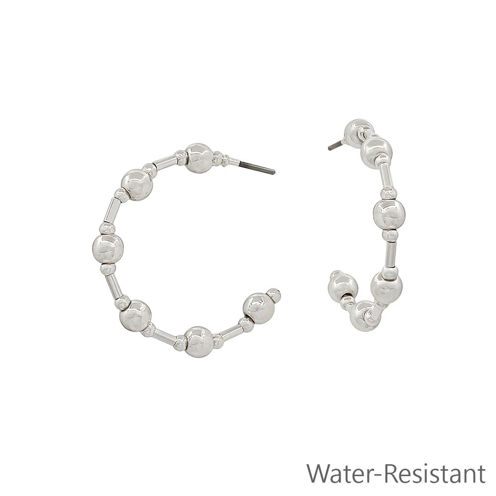 Water Resistant Silver Beaded with 4MM Silver Beaded 1" Hoop Earring