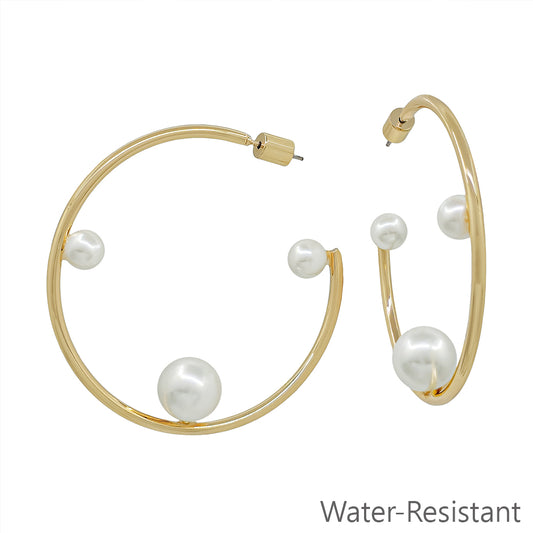 Gold Metal Hoop with 3 Pearls 2" Earring