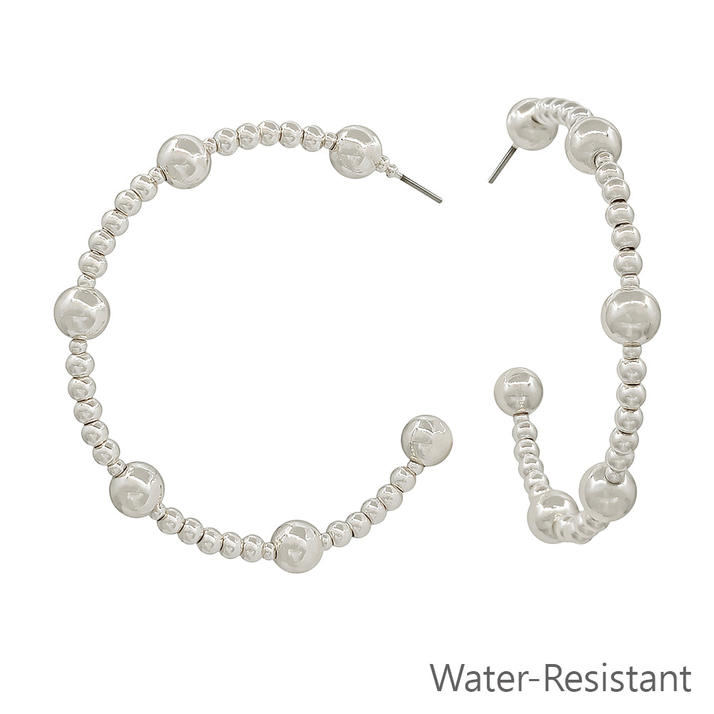 Water Resistant Silver Beaded with 6MM Silver Beaded 2" Hoop Earring