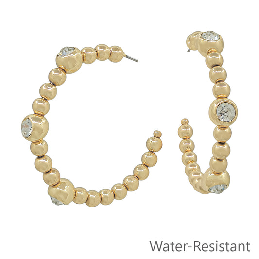 Water Resistant Gold Beaded Hoop with Crystal Accents 2" Earring