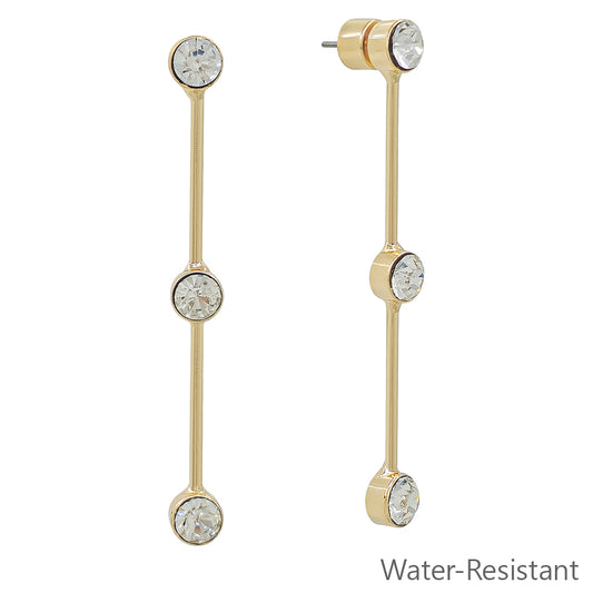 Water Resistant Gold Rhinestone with Gold  Bar Drop 2.75" Earring