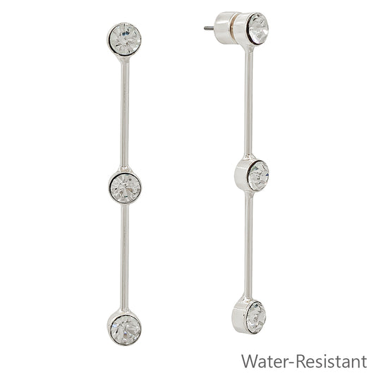 Water Resistant Silver Rhinestone with Silver Bar Drop 2.75" Earring