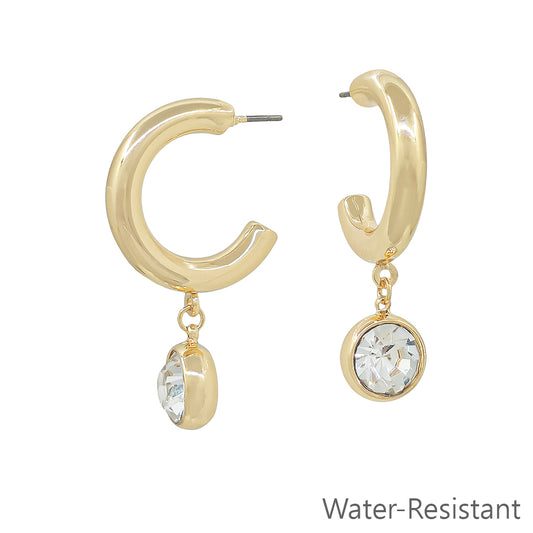 Water Resistant 1.5" Hoop Earring with Circle Crystal Drop