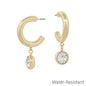 Water Resistant 1.5" Hoop Earring with Circle Crystal Drop