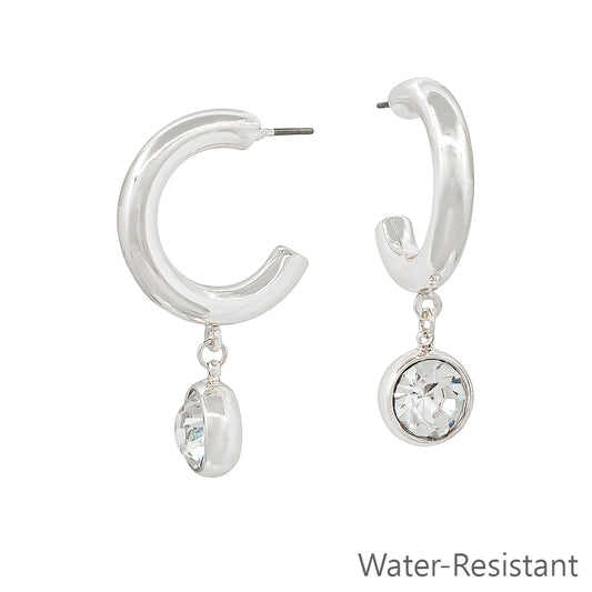 Water Resistant 1.5" Silver Hoop Earring with Circle Crystal Drop
