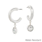 Water Resistant 1.5" Silver Hoop Earring with Circle Crystal Drop