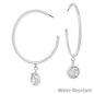 Water Resistant 2" Silver Hoop Earring with Circle Crystal Drop