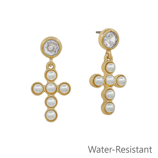 Water Resistant Pearl Studed 1" Cross Drop Earring