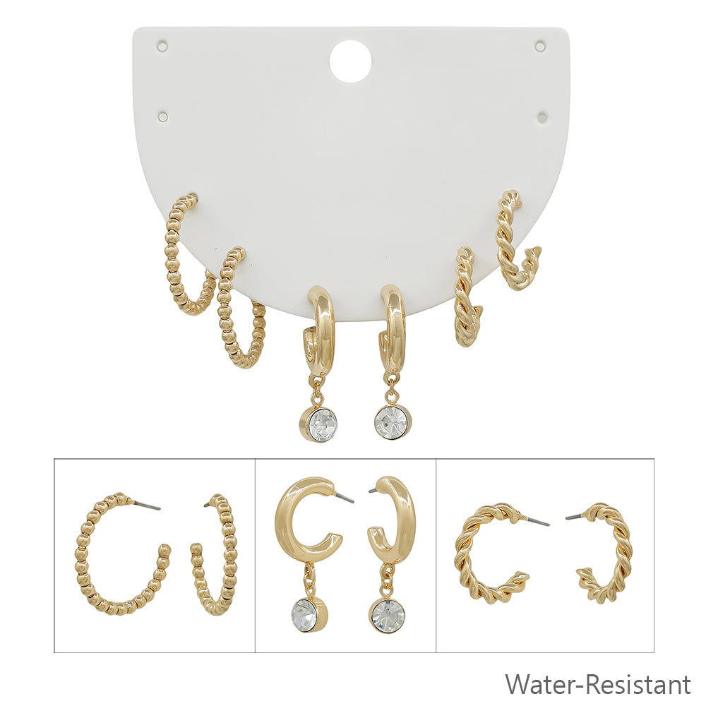 Water Resistant Set of 3 Beaded Huggie Hoop and Rhinestone Huggie Drop Earrings
