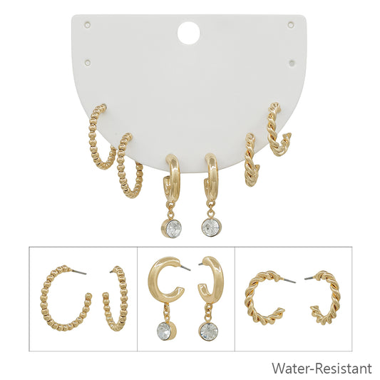 Water Resistant Set of 3 Beaded Huggie Hoop and Rhinestone Huggie Drop Earrings