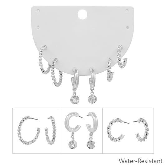 Water Resistant Set of 3 Beaded Silver Huggie Hoop and Rhinestone Huggie Drop Earrings