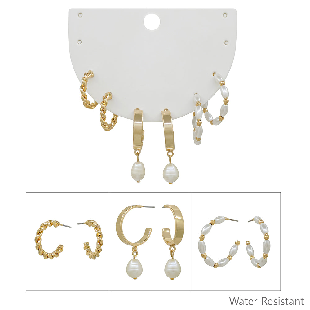 Water Resistant Set of 3 Pearl Huggie and Hoop Earrings