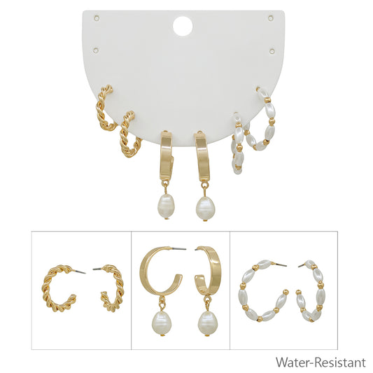 Water Resistant Set of 3 Pearl Huggie and Hoop Earrings