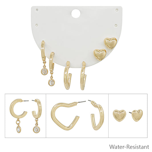 Water Resistant Set of 3 Huggie Heart and Hoop Stud Earring Set