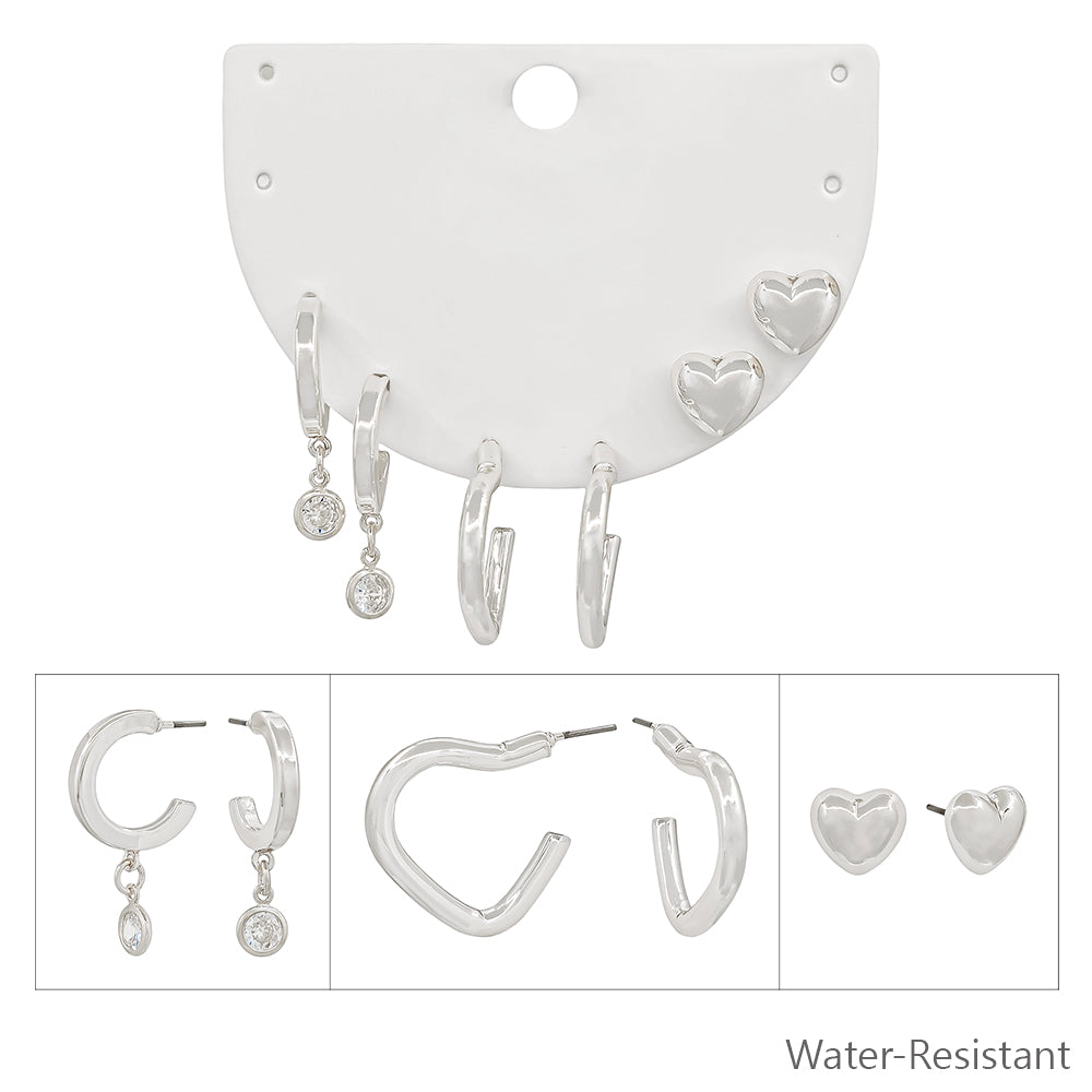 Water Resistant Set of 3 Silver Huggie Heart and Hoop Stud Earring Set