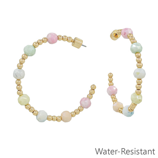 Water Resistant Gold Beaded with Light Multi Crystal 2" Hoop Earring