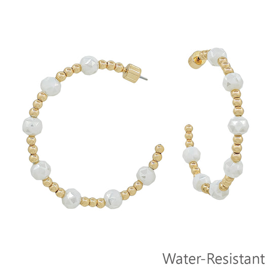 Water Resistant Gold Beaded with White Crystal 2" Hoop Earring