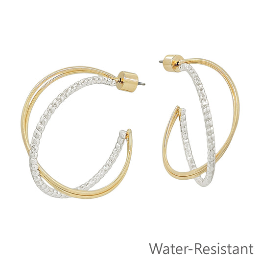 Gold and Silver Textured Twisted X 1.25" Hoop Earring