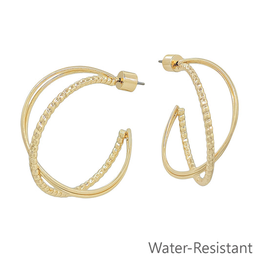 Gold Textured Twisted X 1.25" Hoop Earring