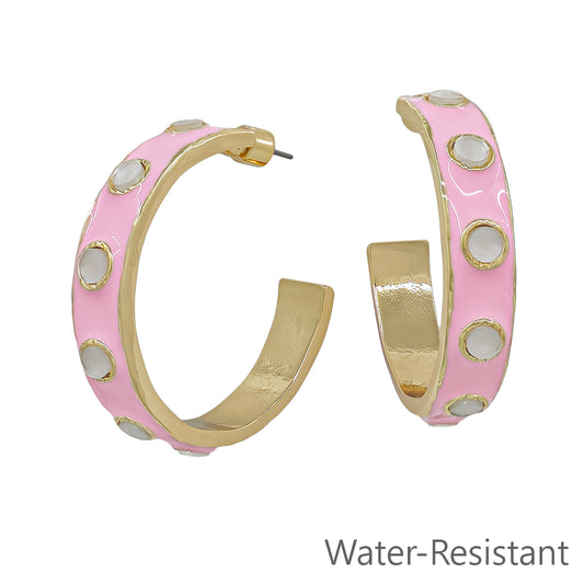 Pink Color Coated with Cream Accents 2" Hoop Earring