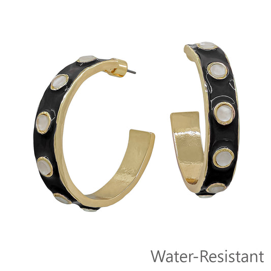 Black Color Coated with Cream Accents 2" Hoop Earring