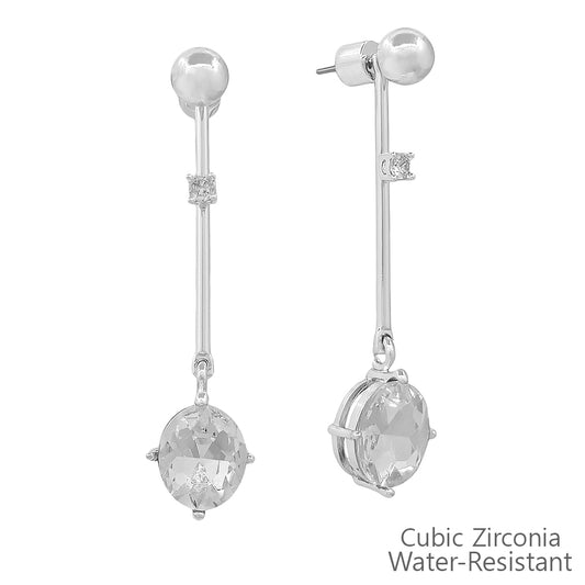 2" 6MM Silver Bar Oval Crystal Drop Earring