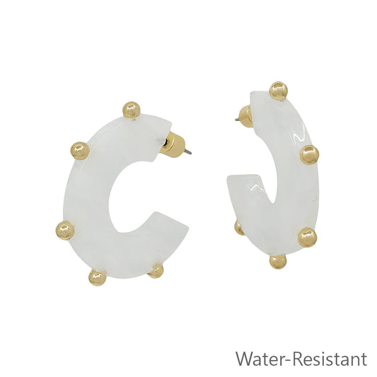 White Acrylic with Gold Studded Accents 1.25" Hoop Earring