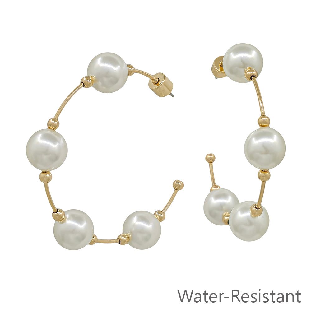 Water Resistant Pearl Beaded with Gold Bar 2" Hoop Earring