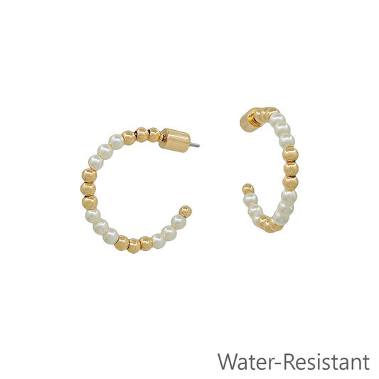 Water Resistant 1" Gold and Pearl Beaded Hoop Earring