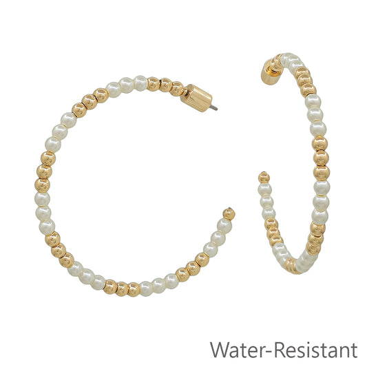 Water Resistant 3MM Pearl and Gold 2" Hoop Earring