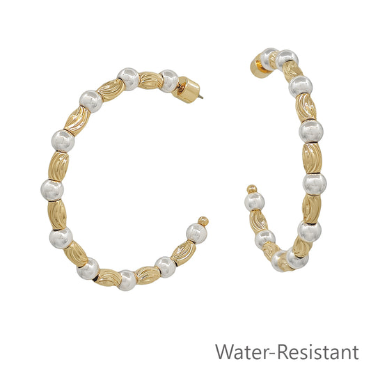 Gold and Silver Textured Oval and Beaded 2" Hoop Earring