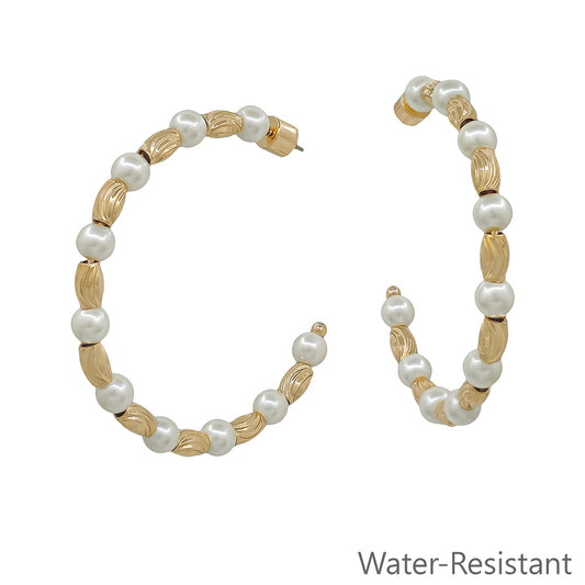 Gold Textured Oval with Pearl Beaded 2" Hoop Earring