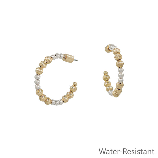 Water Resistant Graduated Gold and Silver Bead 1" Hoop Earring