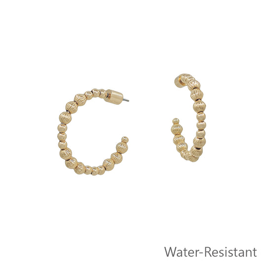 Water Resistant Graduated Gold Bead 1" Hoop Earring