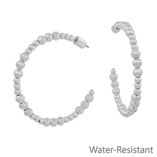 Water Resistant Silver Graduated Beaded 2" Hoop Earring