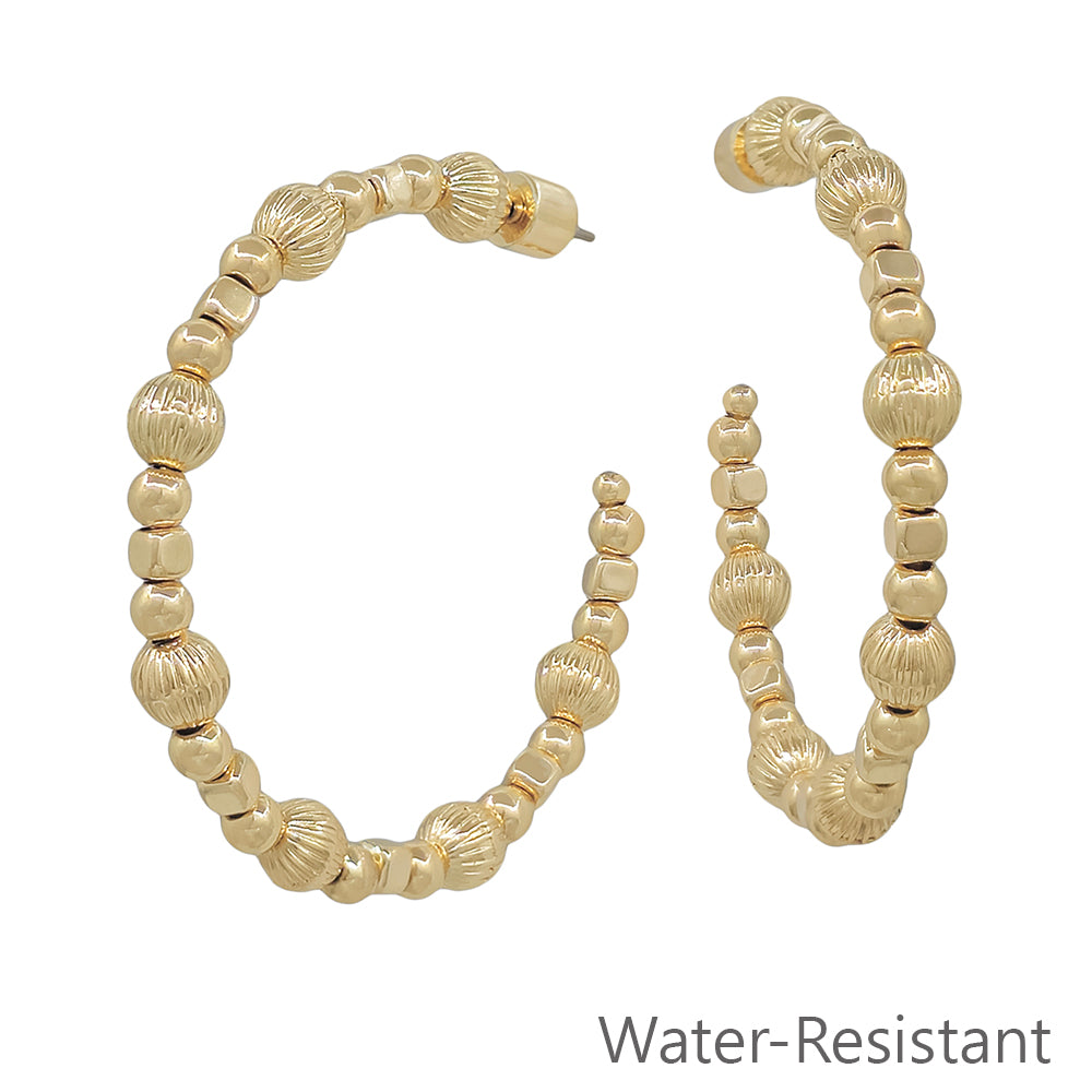 Water Resistant Graduated Gold Bead 2" Hoop Earring