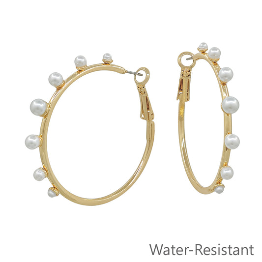 Water Resistant Pearl Graduated Beaded 2" Hoop Earring