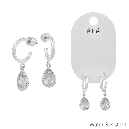 Silver Huggie Hoop with Teardrop Rhinestone .75" Earring