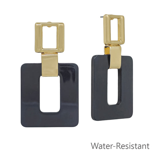 Water Resistant 2" Black Acrylic and Gold Square Earring