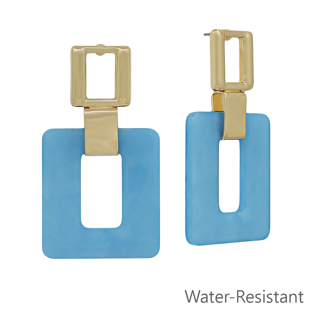 Gold with Matte Light Blue Open Square 2" Earring