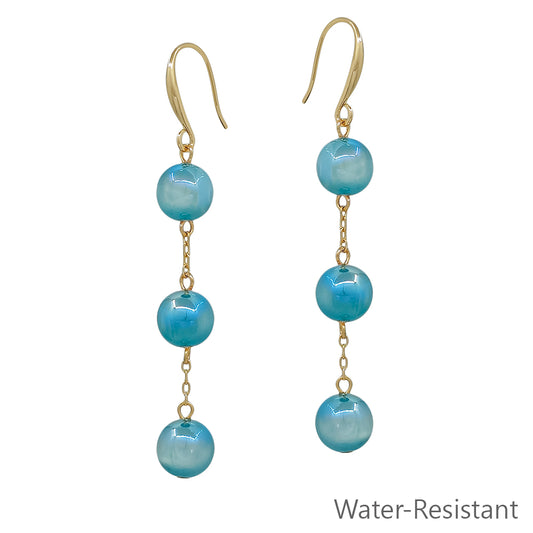 Water Resistant Triple Drop Blue Candy Beaded and Gold 1.75" Earring