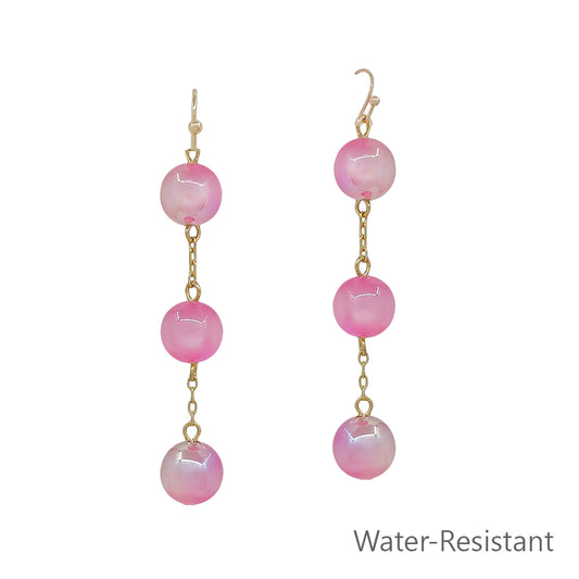 Water Resistant Triple Drop Pink Candy Beaded and Gold 1.75" Earring