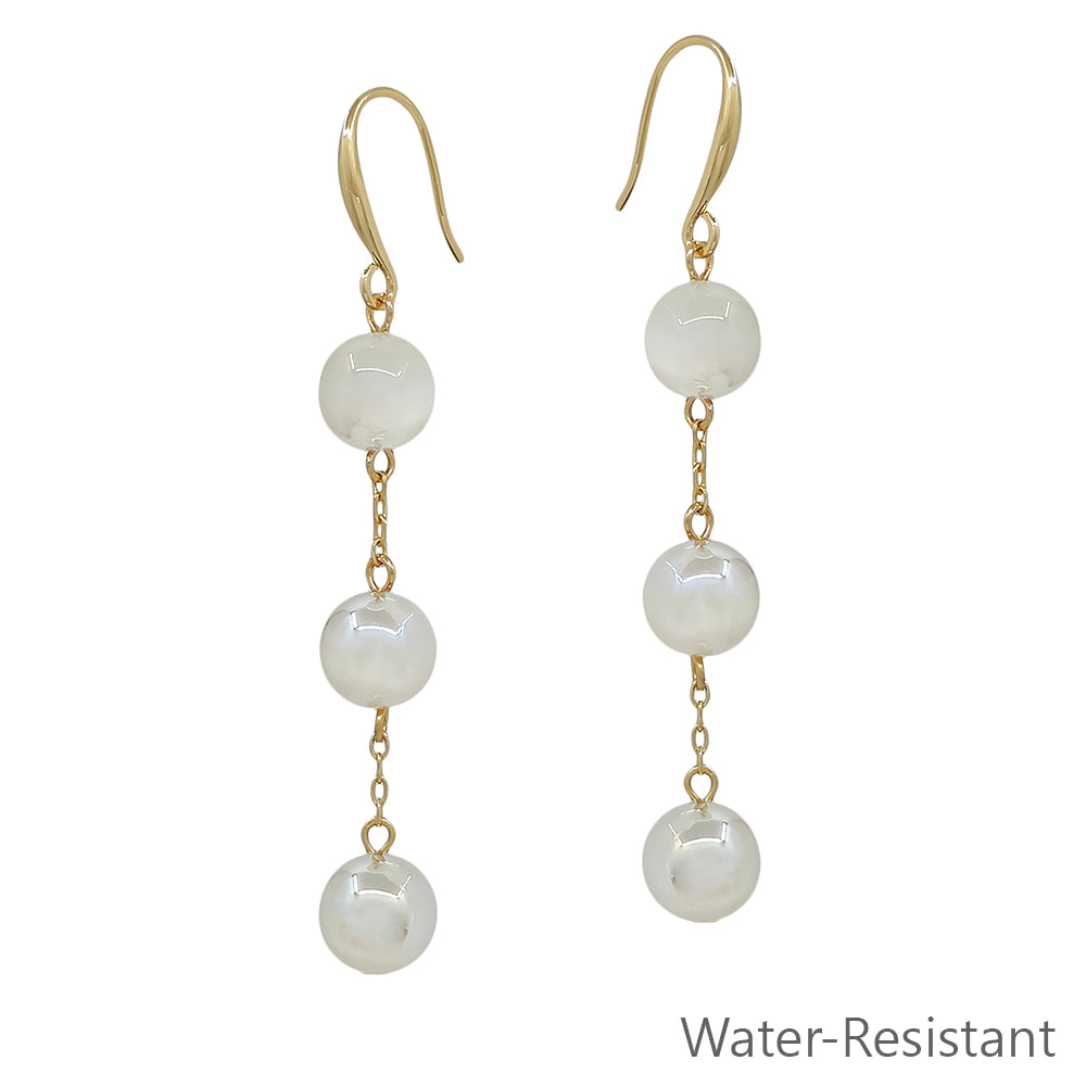 Water Resistant Triple Drop White Candy Beaded and Gold 1.75" Earring