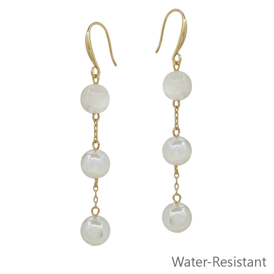 Water Resistant Triple Drop White Candy Beaded and Gold 1.75" Earring