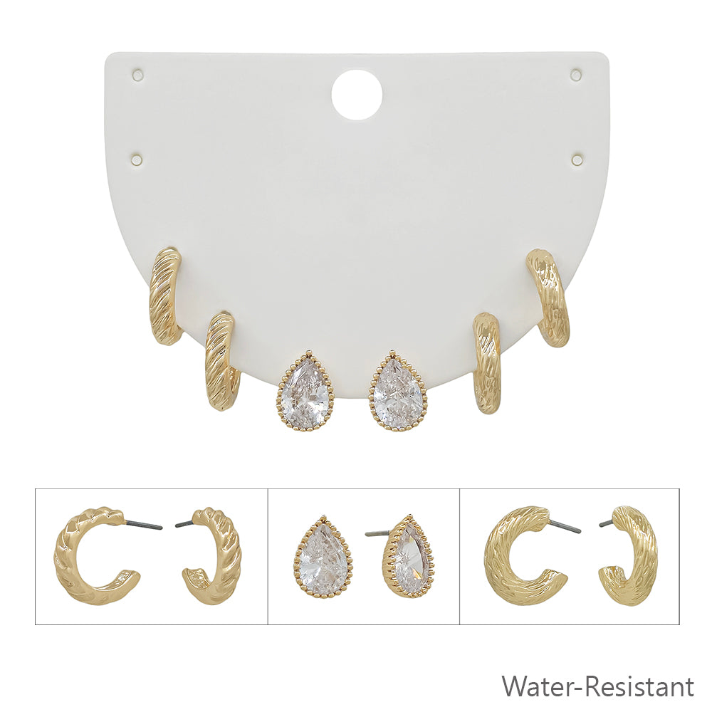 Set of 3 Gold Crystal Teardrop, and Textured Huggie Hoops